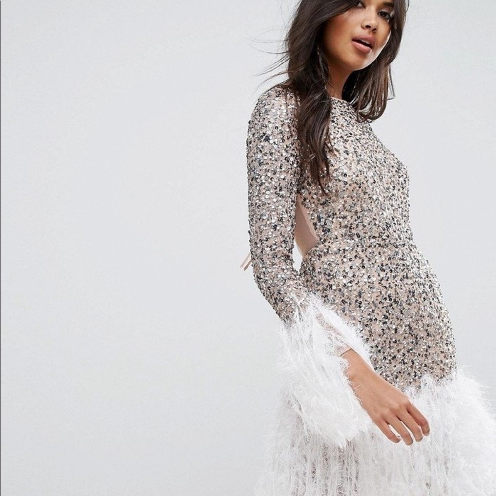 ASOS long sleeve embellished feather hem minidress